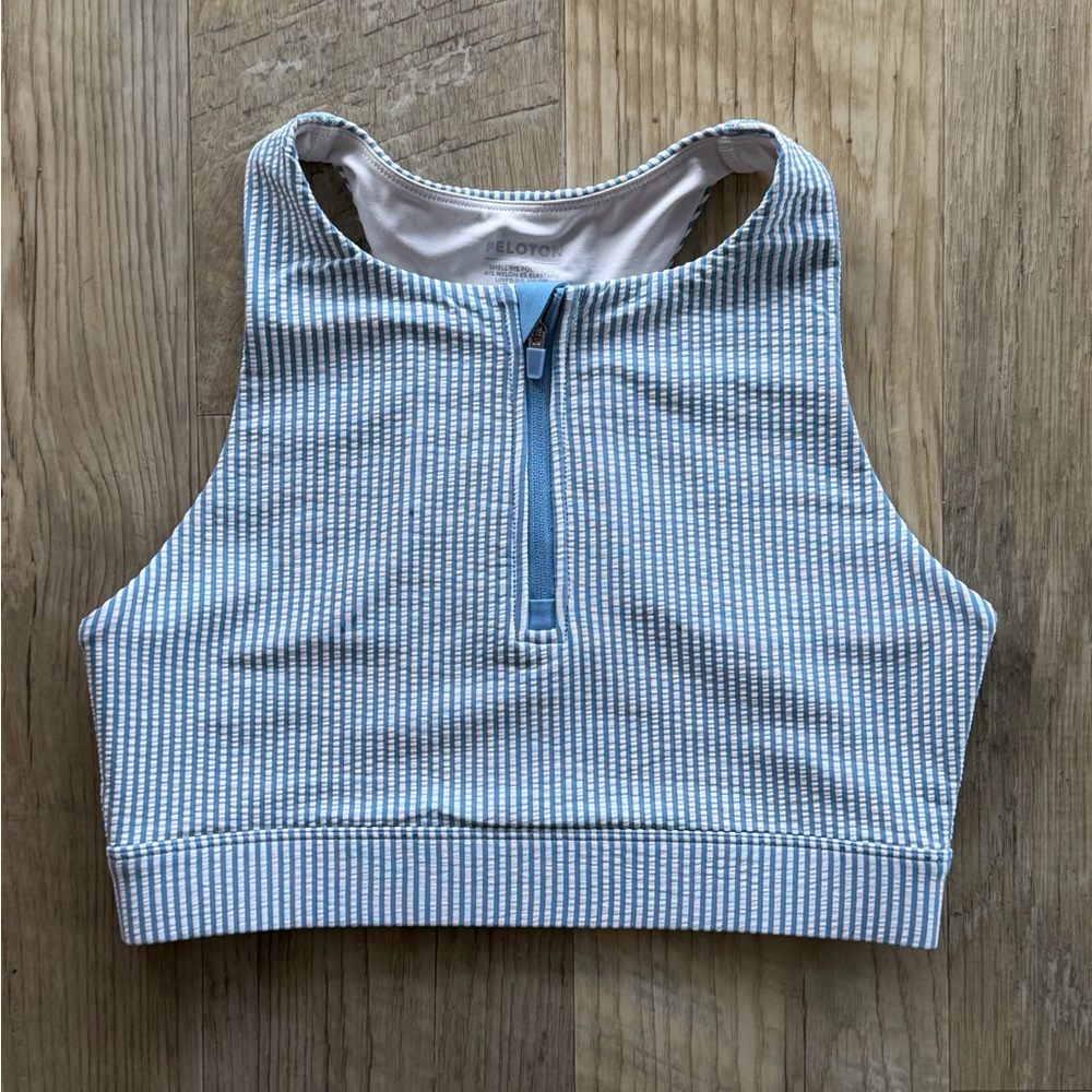Peloton Striped Blue and White sports bra